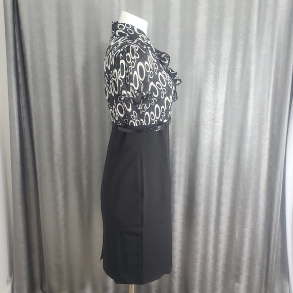 Voir Voir Print Top Black Dress with Belt Size 8 Ruffled Neck Side Zip - Picture 6 of 14